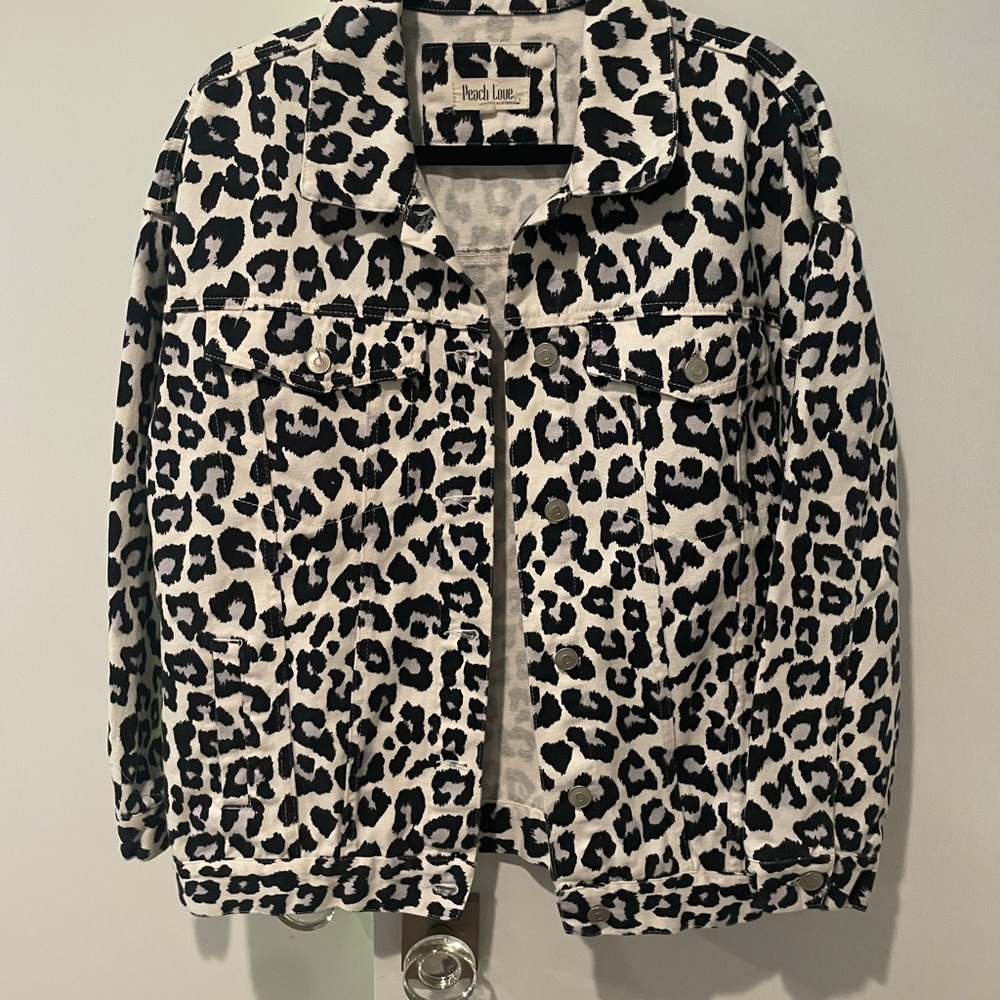 Oversized Peach Love California Black and White Jean Jacket M Fits Like XL